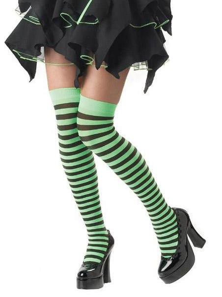 Ladies Fluro Green and Black Stripe Witch Tights Pantyhose